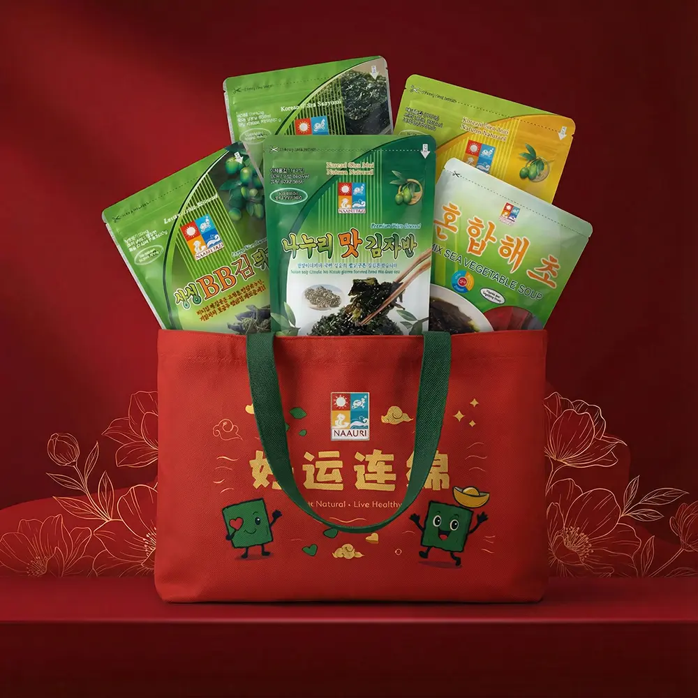 Nanuri Red CNY tote bag containing customer choice of 5 seaweed snacks.