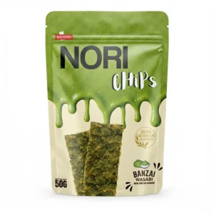 Green pouch of Nanuri Nori Chips Banzai Wasabi flavor featuring crispy seaweed squares with 100% Korean Seaweed badge.