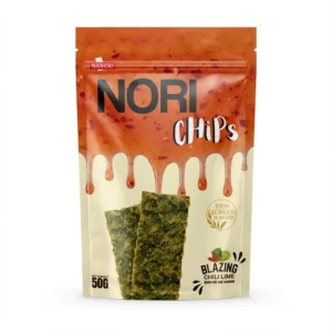 Red packaging of Nanuri Nori Chips Blazing Chili flavor indicating spicy hot seaweed snack.