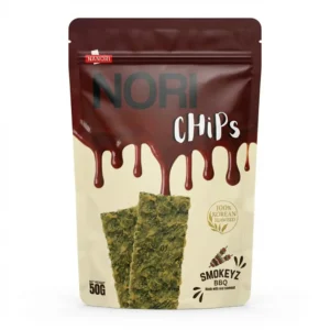 Dark brown bag of Nanuri Nori Chips Smokeyz BBQ flavor with barbecue sauce graphic.