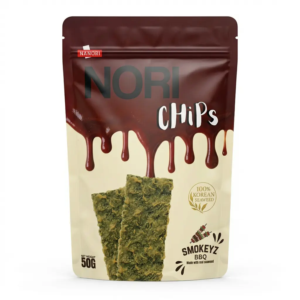 Dark brown bag of Nanuri Nori Chips Smokeyz BBQ flavor with barbecue sauce graphic.