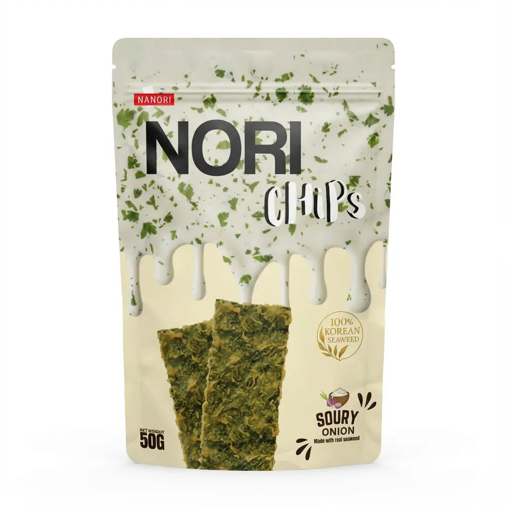 White packaging Nanuri Nori Chips Soury Onion flavor with parsley flakes graphic.