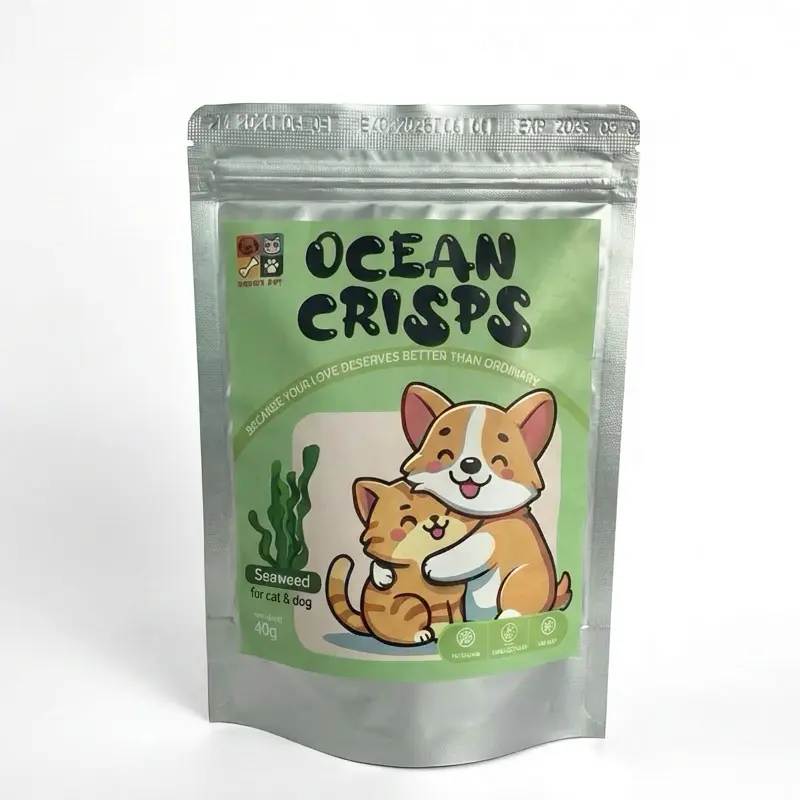 Nanuri Pet Ocean Crisps green packaging featuring a cartoon corgi and cat hugging, labeled Seaweed for cat and dog.