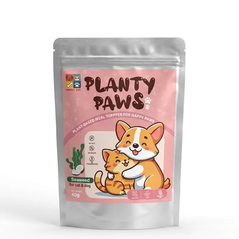 Nanuri Pet Planty Paws pink packaging featuring a cartoon corgi and cat, plant-based seaweed meal topper for dogs and cats.
