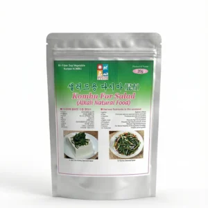 Back packaging of Nanuri Kombu For Salad 20g showing nutritional benefits, alkali food certification, and Soft Tofu Seaweed Salad recipe instructions.
