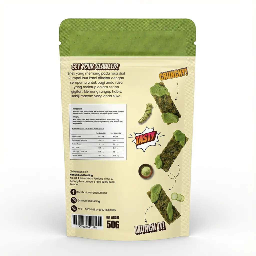 Nanuri Nori Chips: Banzai Wasabi – Crunchy &Amp; Spicy Korean Seaweed Snack (50G) 2 Back Packaging Of Nanuri Nori Chips Banzai Wasabi Showing Ingredients List And Product Details.
