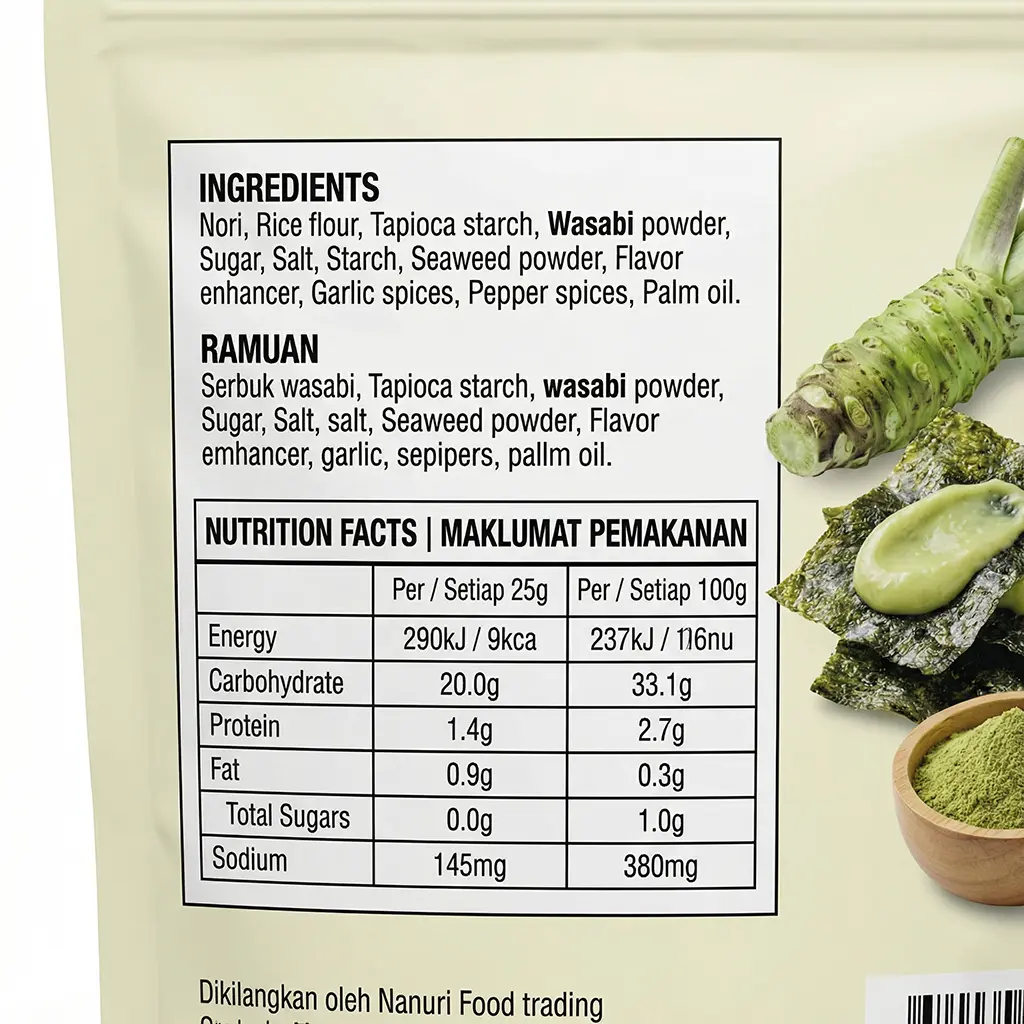 Nanuri Nori Chips: Banzai Wasabi – Crunchy &Amp; Spicy Korean Seaweed Snack (50G) 3 Close Up Of Nutritional Facts Label For Nanuri Nori Chips Banzai Wasabi Showing Calories And Serving Information.