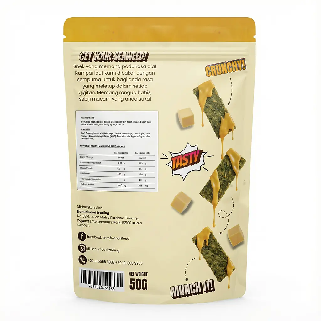Nanuri Nori Chips: Cheesey Burst – Savory Cheddar Style Seaweed Snack (50G) 2 Back View Of Nanuri Nori Chips Cheesey Burst Packaging Displaying Ingredients And Storage.