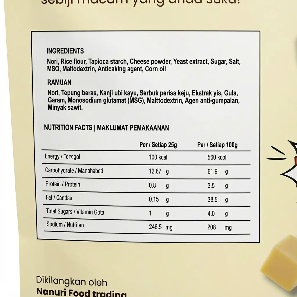 Nanuri Nori Chips: Cheesey Burst – Savory Cheddar Style Seaweed Snack (50G) 3 Nutritional Information Table For Nanuri Nori Chips Cheesey Burst 50G Pack.
