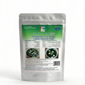 Back packaging of Nanuri Wakame For Soup 40g displaying nutritional facts, health benefits, and cooking instructions for Brown Seaweed Miso Soup.